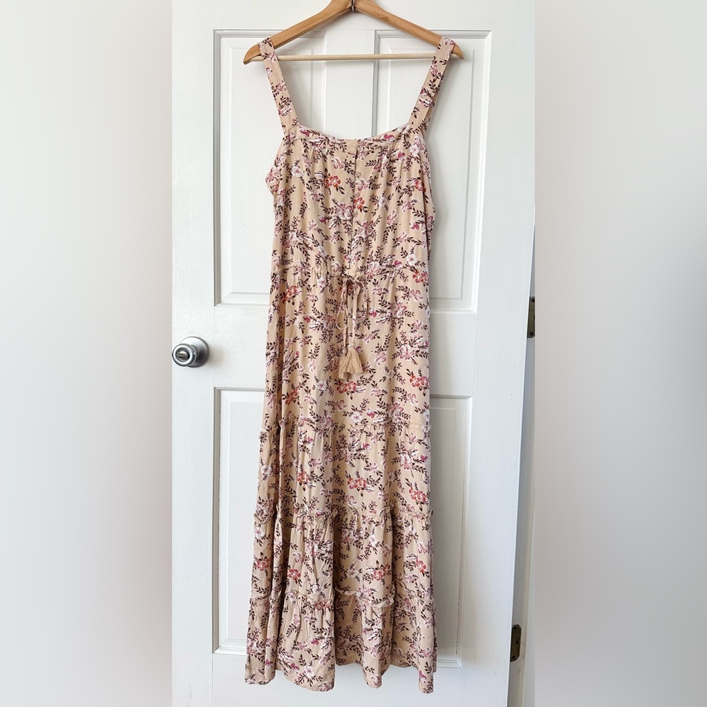 Sunday Mi Amor Sundress Cream Pink Floral Print Ruffle Tiered Maxi Dress Size S